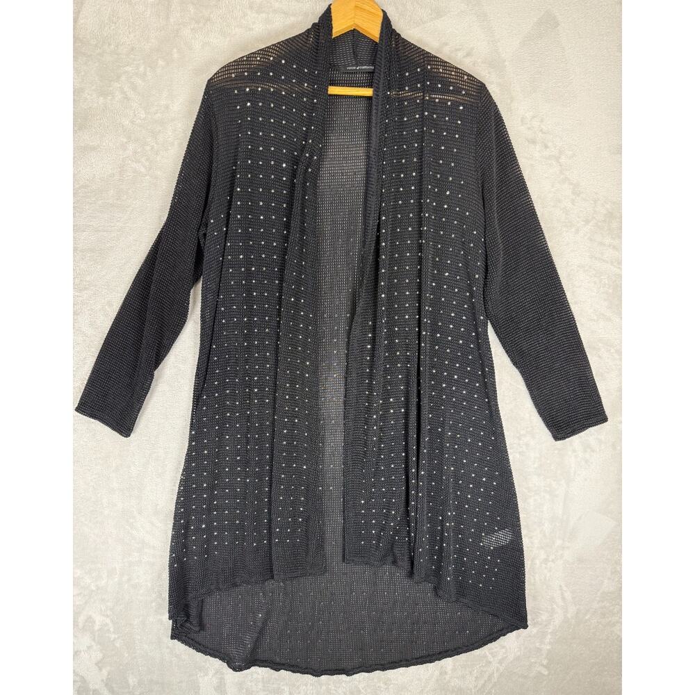 Voice of California Rhinestone Open Knit Mesh Duster Cardigan Black M Whimsigoth
